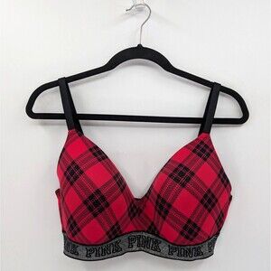Victoria's Secret PINK Bra Women's 36DD Red Black Plaid Wireless Lightly Lined